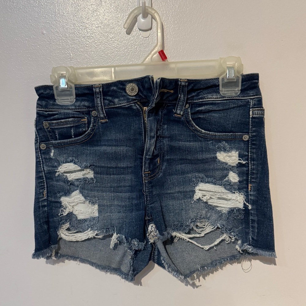 American Eagle Outfitters Dark Blue Distressed Jean Shorts